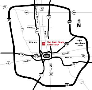 Map 1: Columbus road map indicating the location of OSU Campus and Columbus airport.