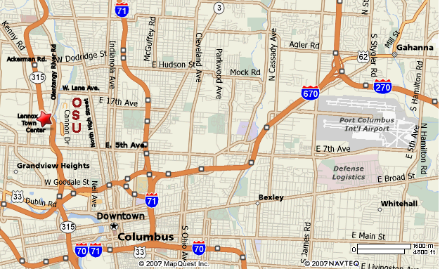 map of Columbus, OH indicating the proximity of the Lennox Shopping Center to the OSU campus.